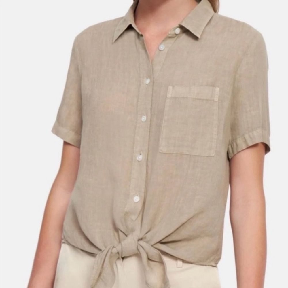 Theory Hekanina 2 Spring 100% Linen Beige Tie-Front Short Sleeve Shirt XS